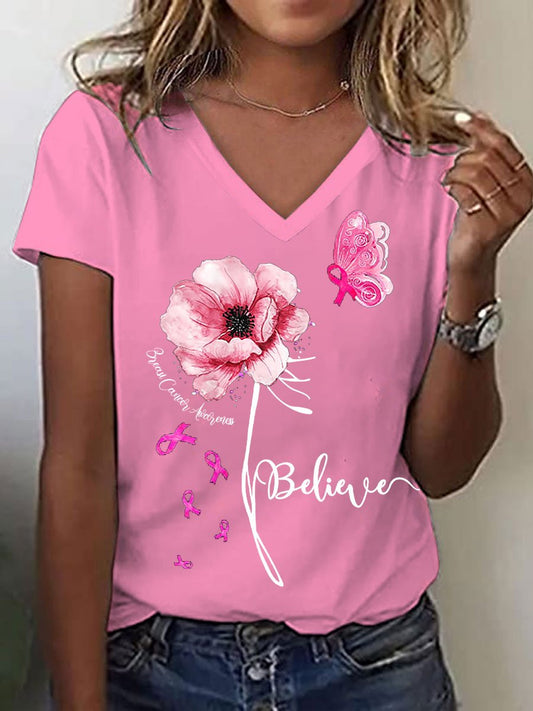 Womens Breast Cancer Awareness Pink Floral Butterfly Print V Neck T-Shirt