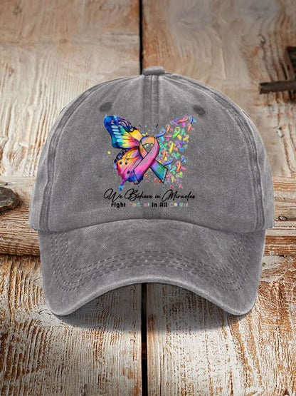 Cancer Butterfly Ribbon We Believe in Miracles Fight In All Color Sun Hat