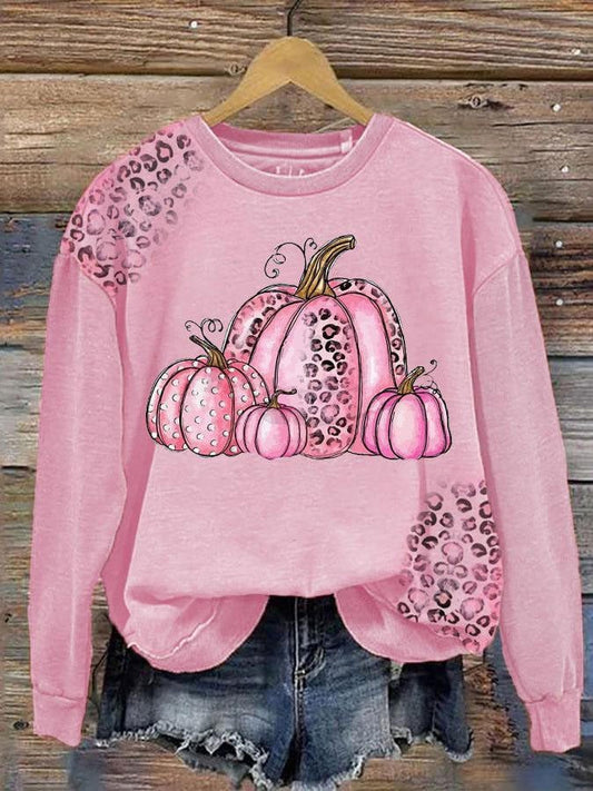 October Breast Cancer Awareness Pink Pumpkin Leopard Print Sweatshirt