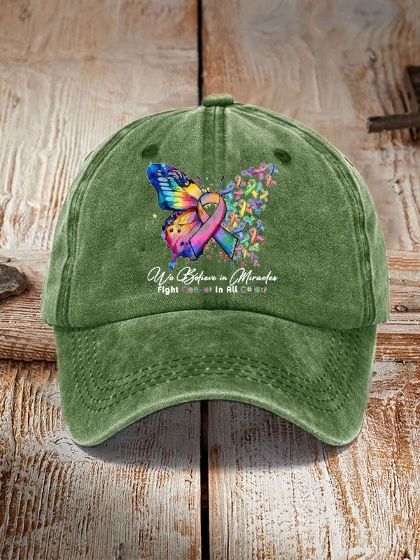 Cancer Butterfly Ribbon We Believe in Miracles Fight In All Color Sun Hat