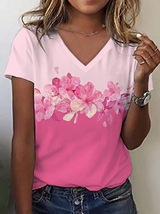 Women's Pink Flowers Print Breast Cancer Awareness V-Neck Tee