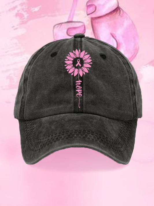 Pink Hope Ribbon Sunflower Breast Cancer Awareness Warrior Hat