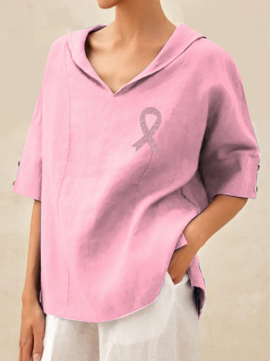 Womens Breast Cancer Awareness Print Linen Shirt