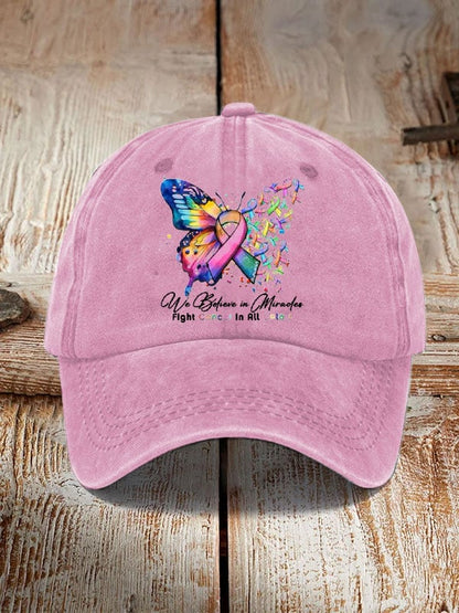 Cancer Butterfly Ribbon We Believe in Miracles Fight In All Color Sun Hat