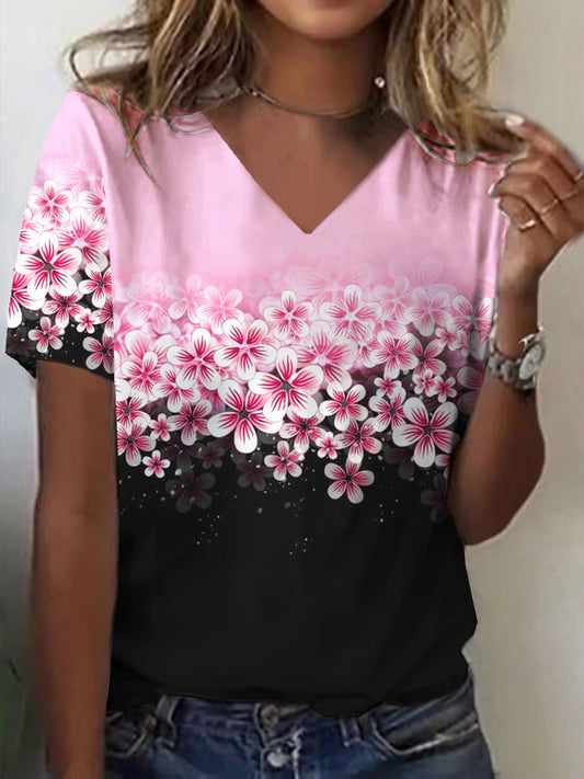 Women's Pink Floral Casual Print T-Shirt