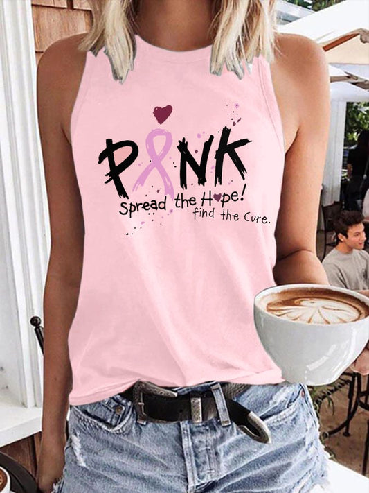 Women's Pink Spread the Hope Find the Cure Print Crew Neck Tank Top